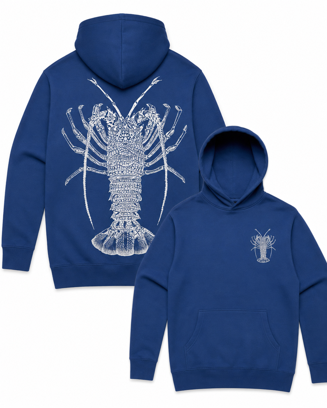 Crayfish Hoodie featuring original Southern Rock Lobster artwork by Nat Hill — navy blue with white DTF print front and back