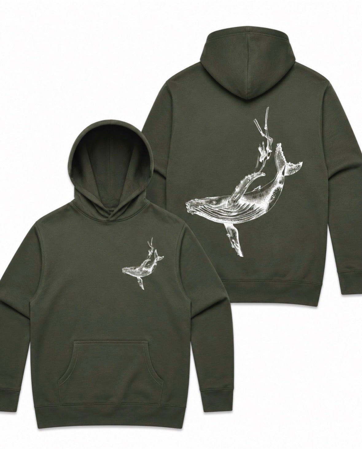 Whale and Freediver Hoodie featuring original humpback whale artwork by Nat Hill — army green with silver-white DTF print front and back
